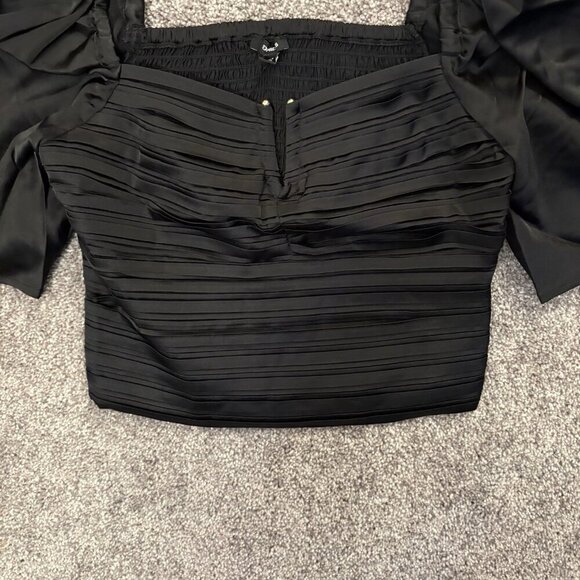 Express Women's Satin Top Size XS Black V-Bar Puff Sleeve Ruched Pleated NWT $58 - Picture 7 of 16